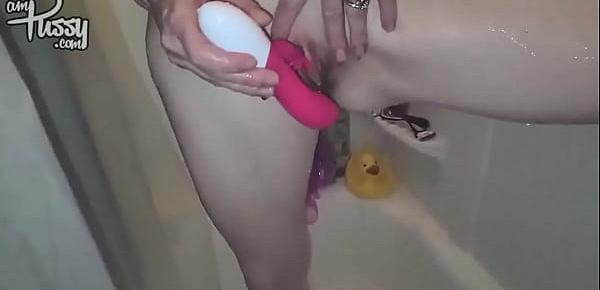  Shower masturbation with sex toy, real homemade